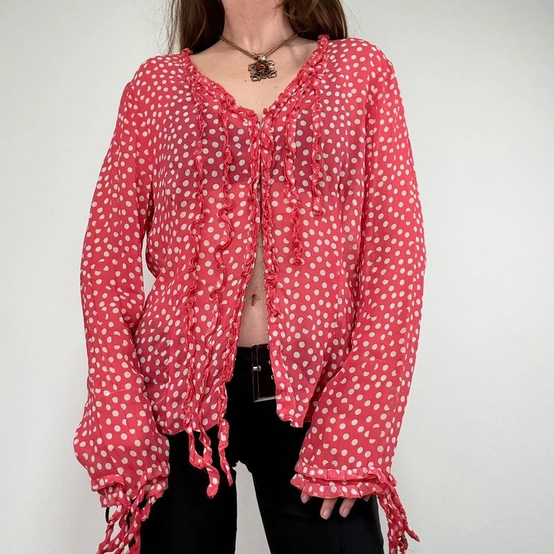 Red polka dot flutter fray blouse with hook and eyes