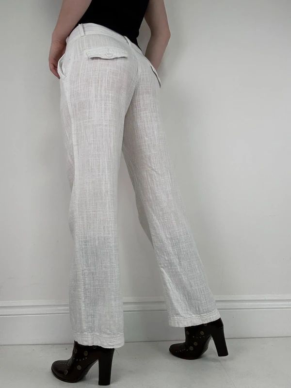 white linen wide leg low rise trousers