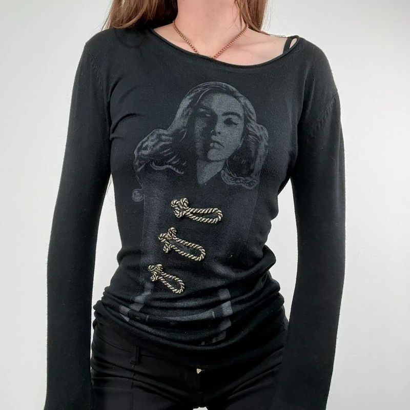 black long sleeve printed nepolion detailed t-shirt
