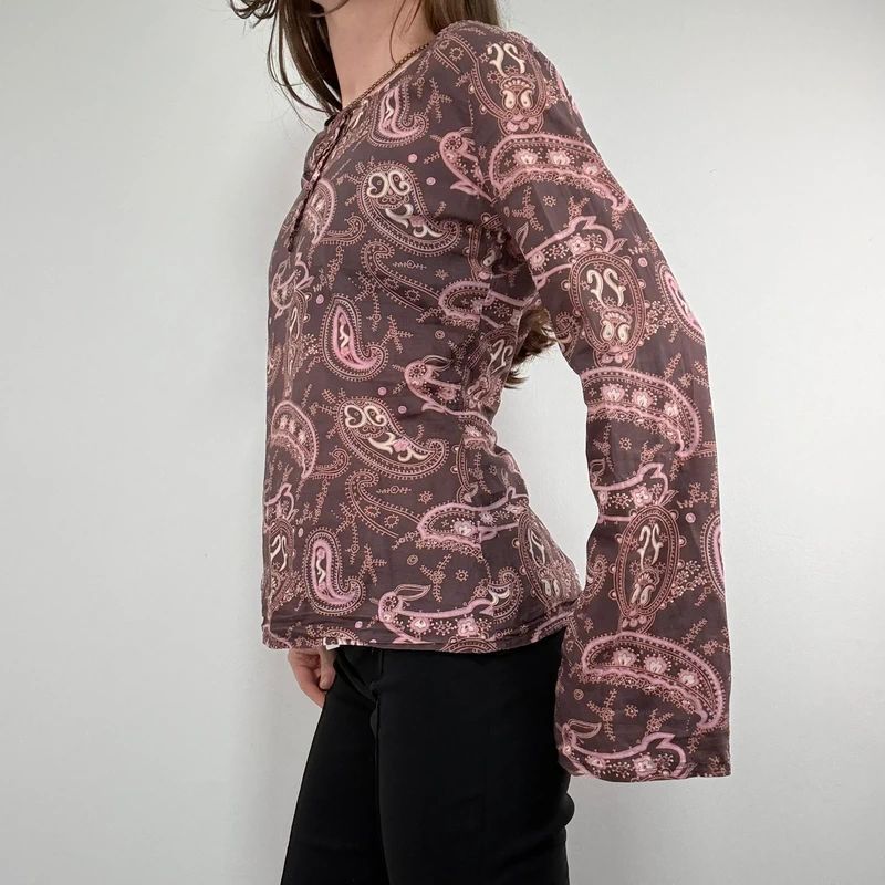 brown and pink paisley flared cotton boho shirt
