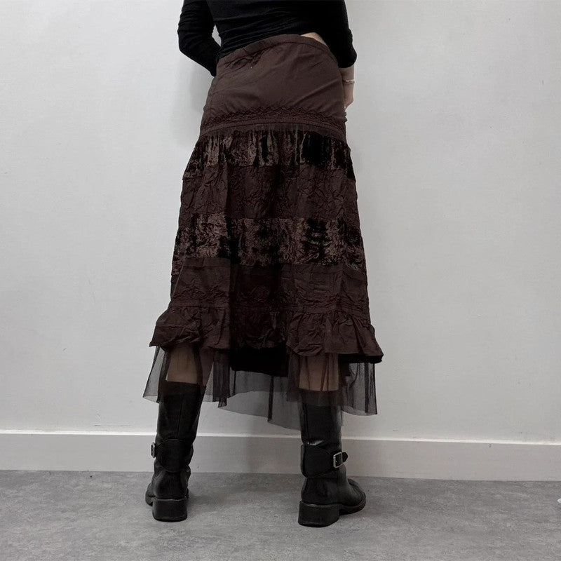 brown velvet lace midi skirt