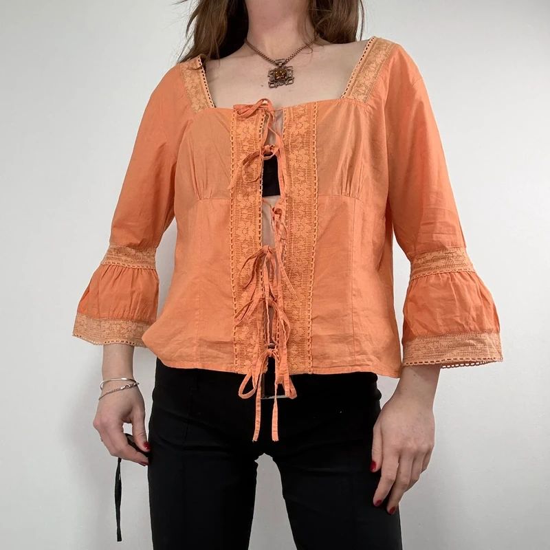 flared orange lace cotton blouse