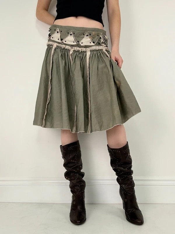 khaki pleated drop waist midi skirt