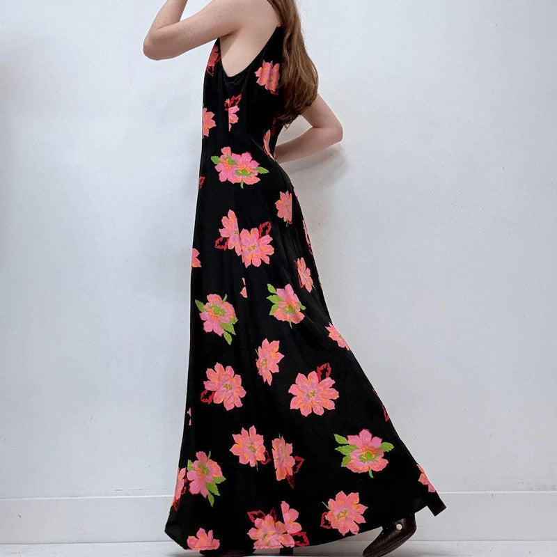 black floral bias cut maxi dress