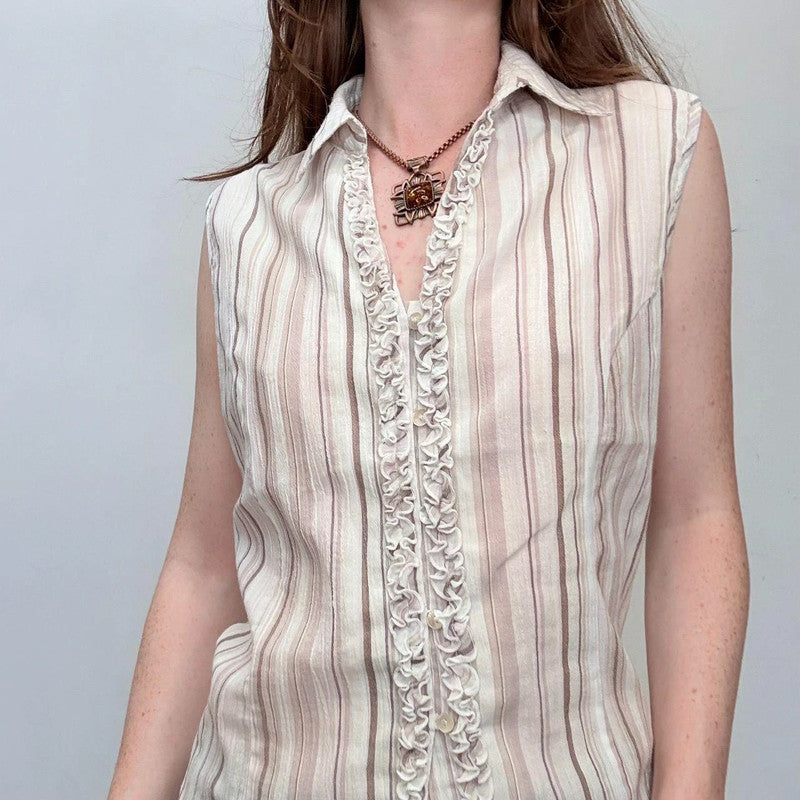 pinstriped sleeveless ruffle shirt blouse