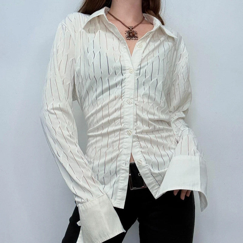 sheer white stretch flared shirt