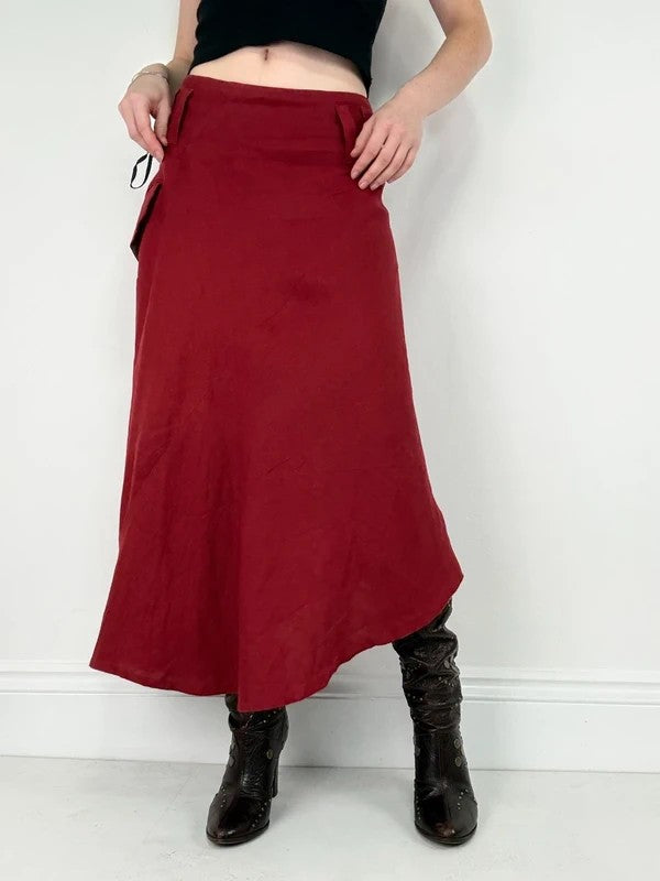 red linen bias cut asymmetric maxi skirt