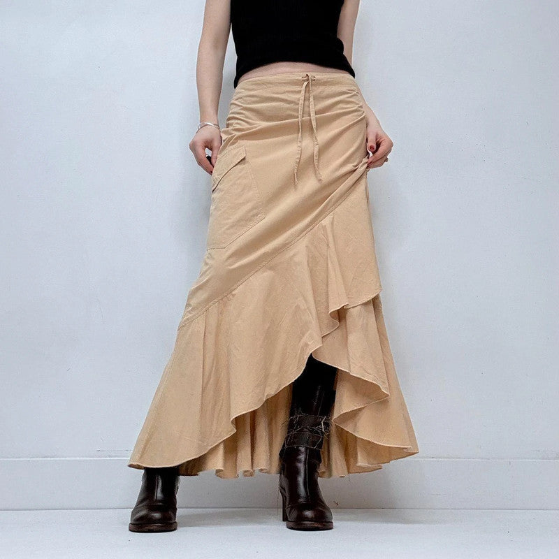 tan ruffle asymmetric boho skirt