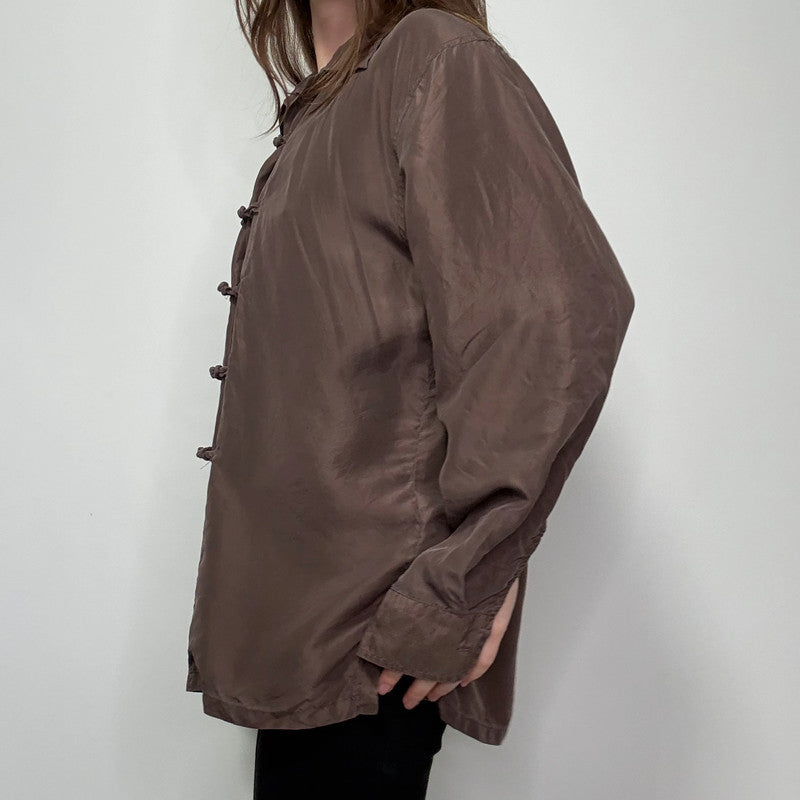 brown silk toggle shirt