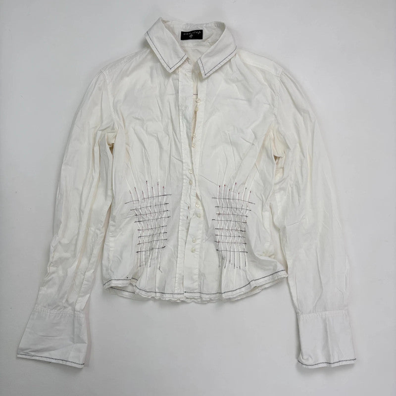 white cinched pleated flared shirt