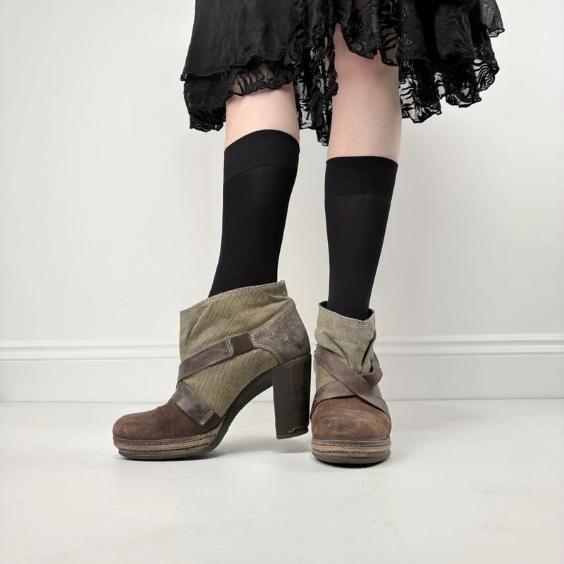 Diesel khaki leather buckle heeled boots