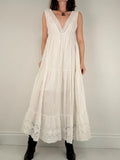 white cotton lace pleated tiered maxi dress