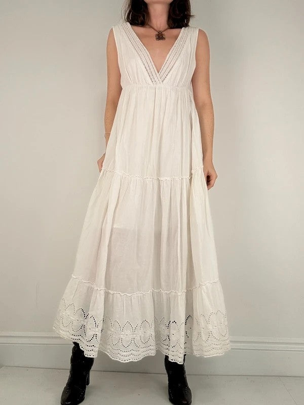 white cotton lace pleated tiered maxi dress