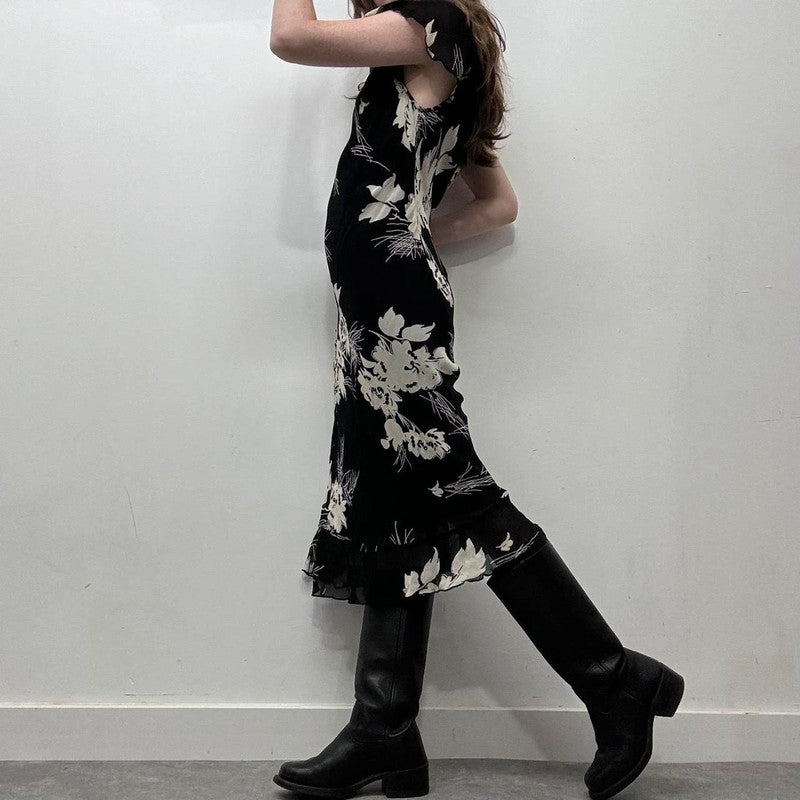 black floral bias cut 90s dress