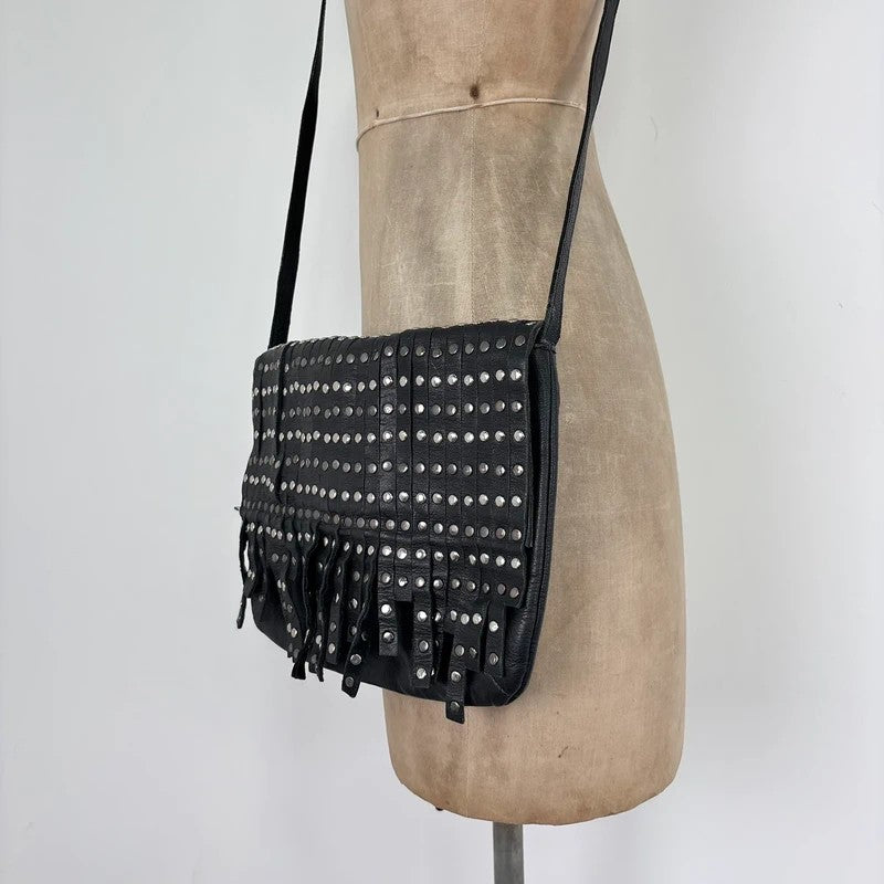 Black leather studded tassel crossbody bag