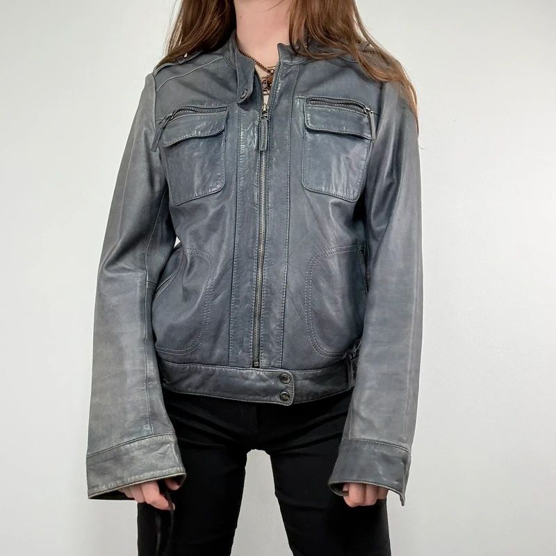 distressed leather boxy biker jacket