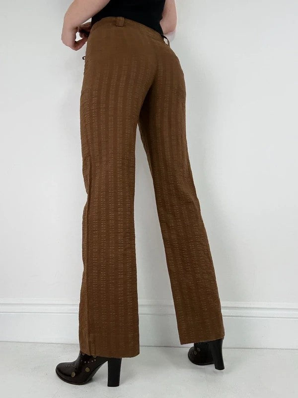 brown pinstripe wide-leg textured flare trousers