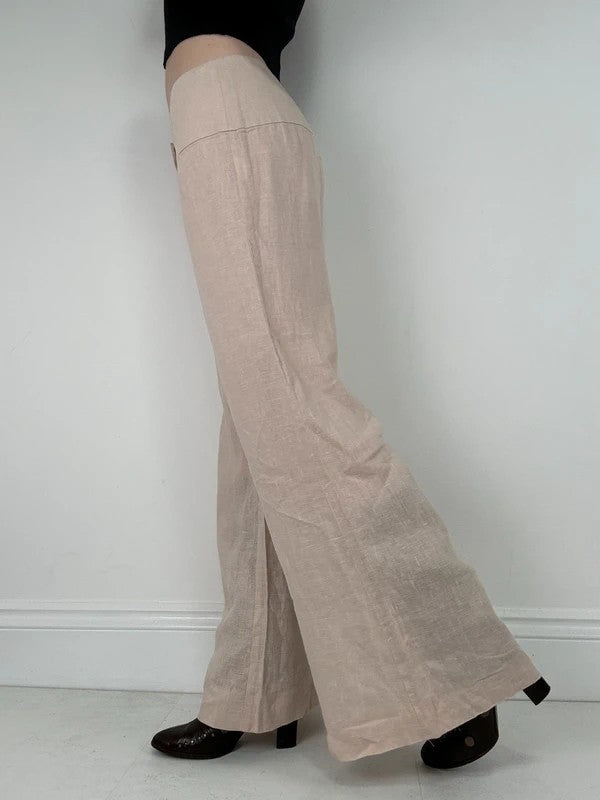 pink beige linen wide leg trousers