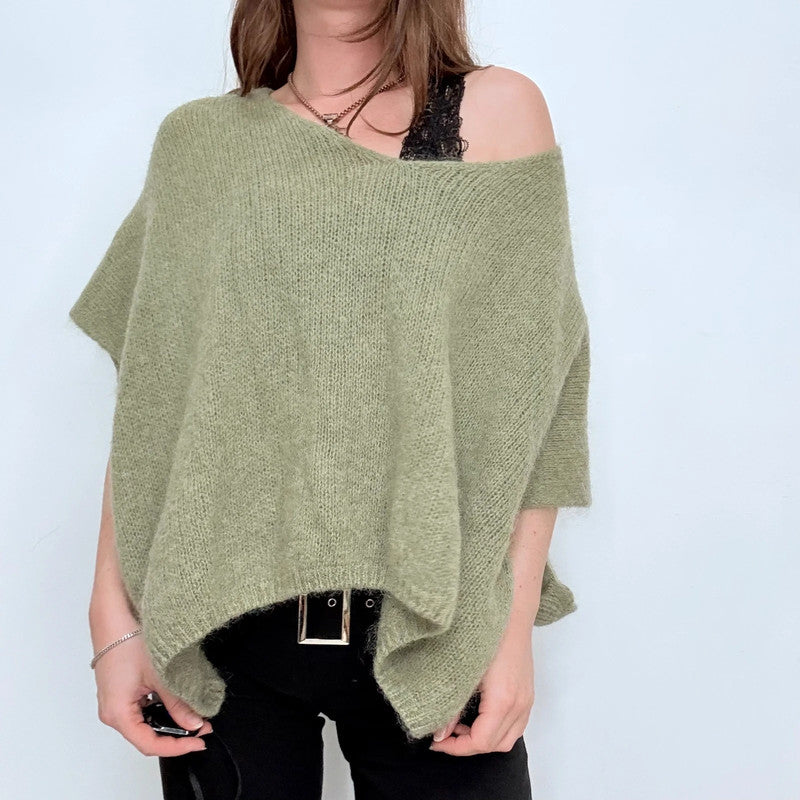 green slouchy off the shoulder jumper