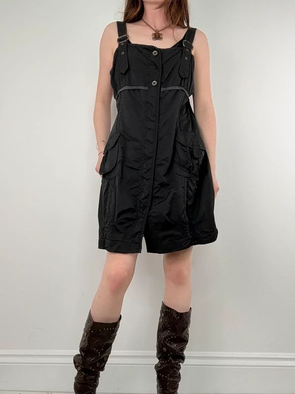 black grunge utility stuctured midi dress