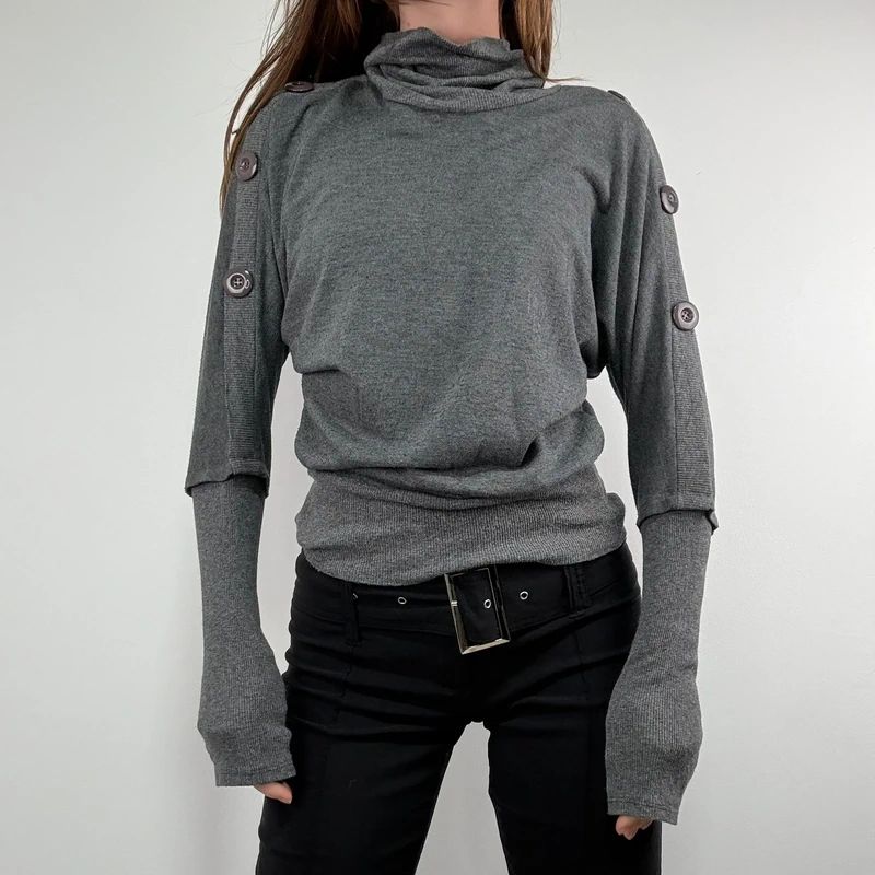 grey slouchy knit ribbed fitted jumper with button details