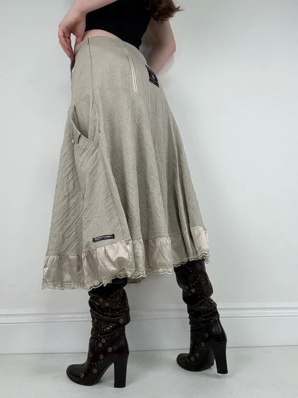 Khaki flared ruffle drop waist midi skirt