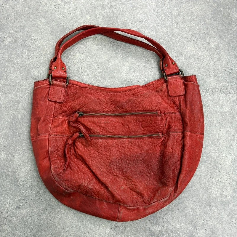 Vintage red leather cargo zipper city handbag