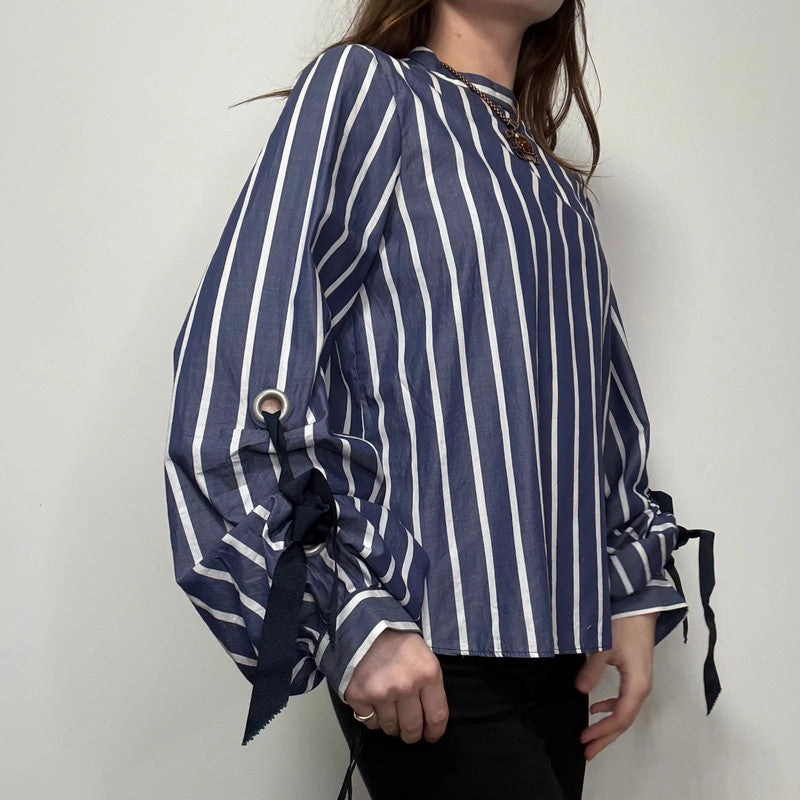 Navy striped balloon puff sleeve shirt