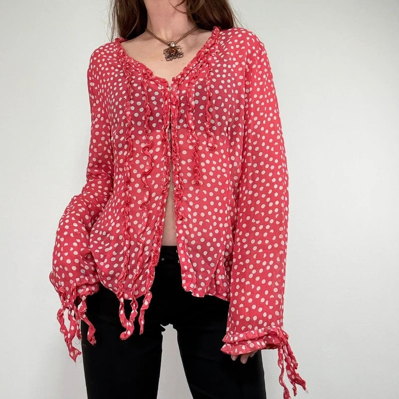 Red polka dot flutter fray blouse with hook and eyes