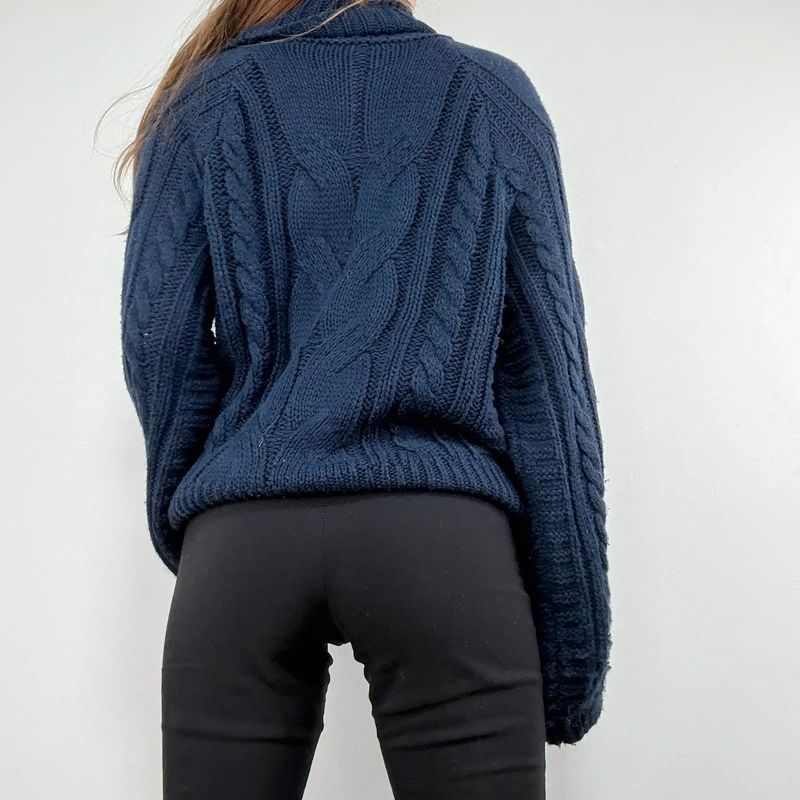 navy chunky cable knit turtle neck jumper