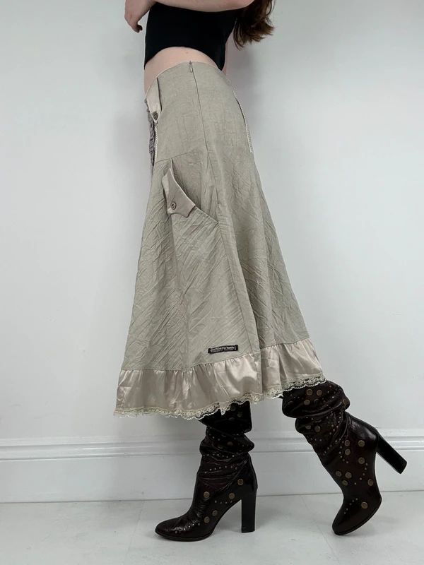 Khaki flared ruffle drop waist midi skirt