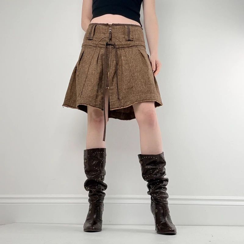 brown utility zip pleated midi skirt