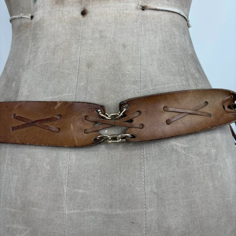 Boho tan leather belt with gold chain and tassel suede