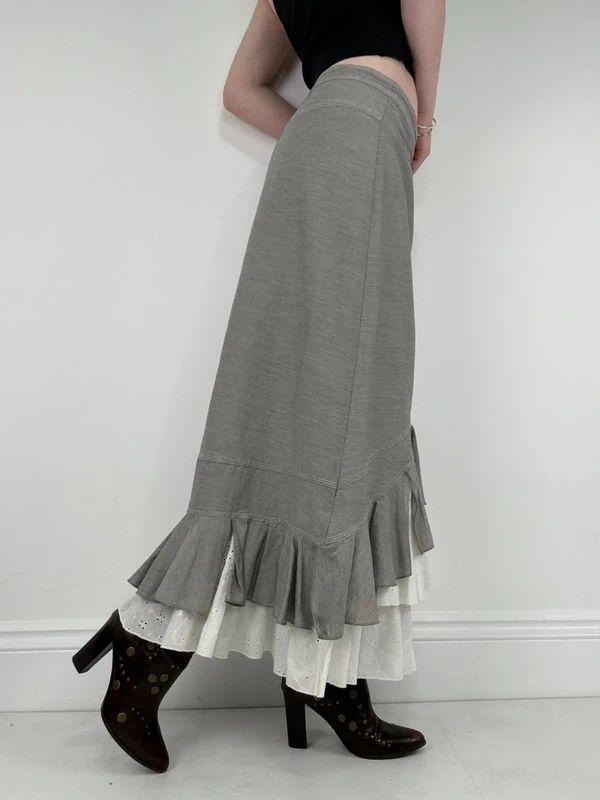 Pleated flared layered ruffle maxi skirt