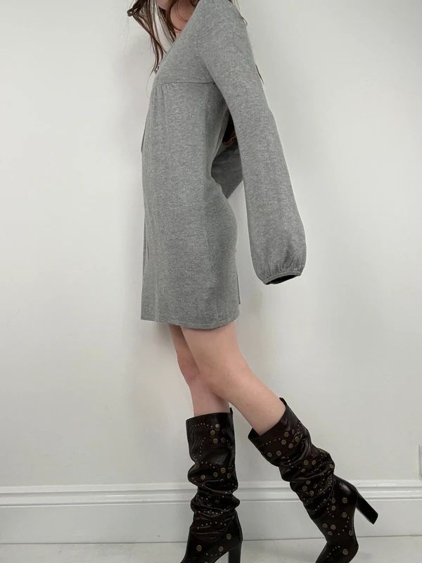 slouchy grey knit long sleeve mini dress
