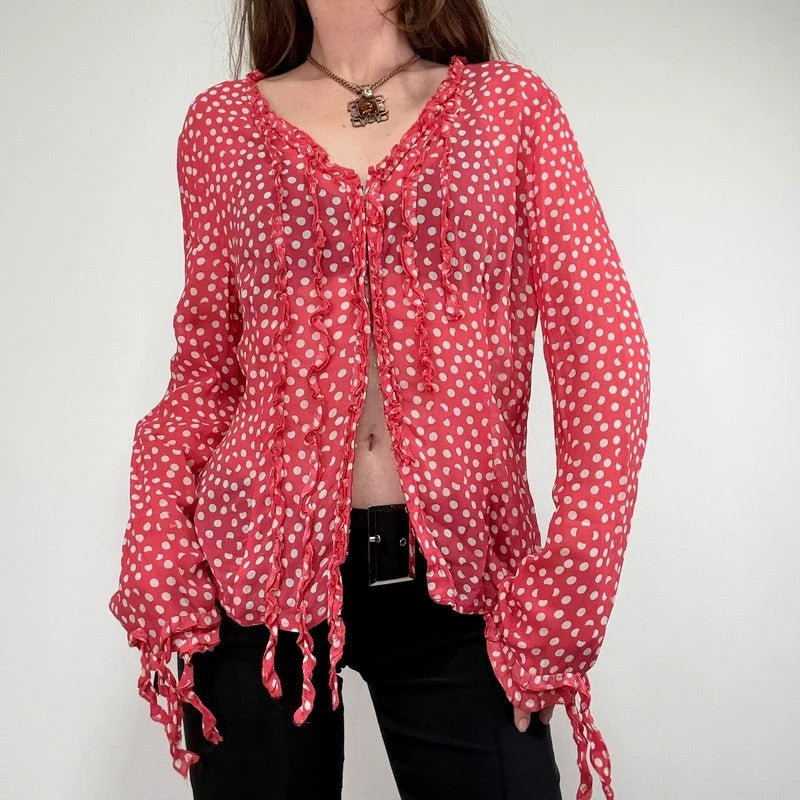 Red polka dot flutter fray blouse with hook and eyes
