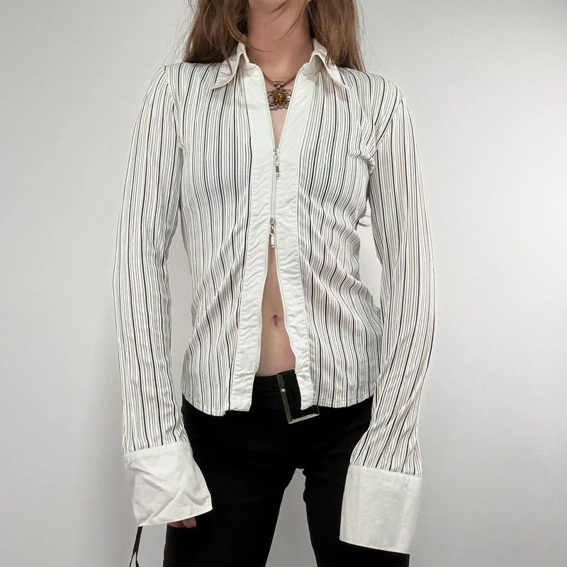 zip through pinstripe fitted white shirt