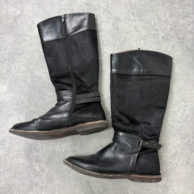 Black leather cowhide pony skin knee high boots