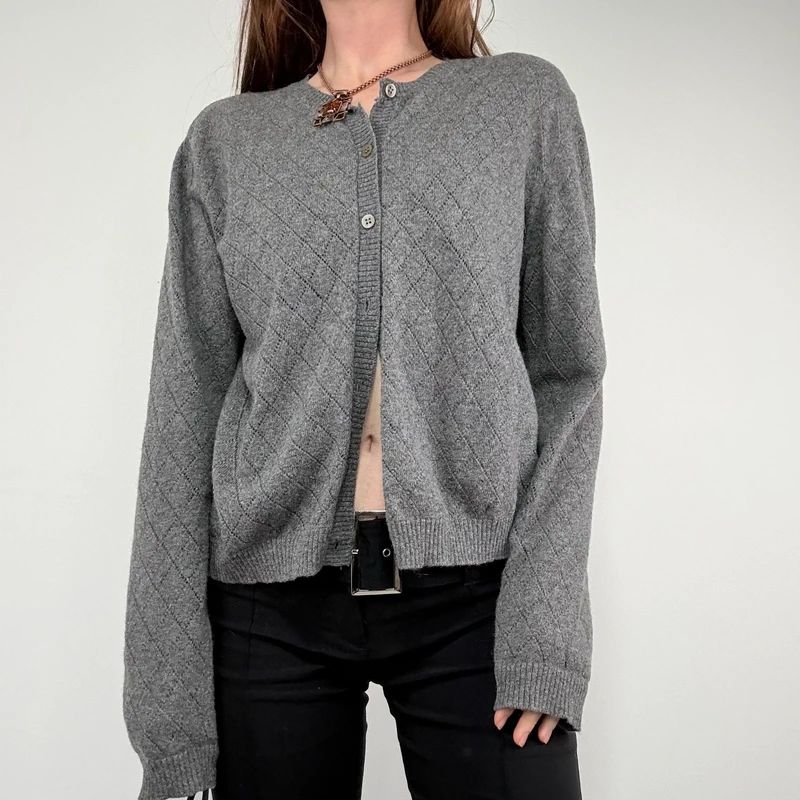 grey wool knitted pointelle cardigan