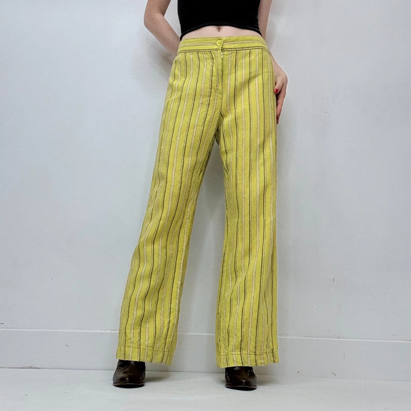 lime green pinstripe linen trousers
