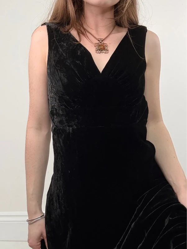 black velvet fitted flared midi dress