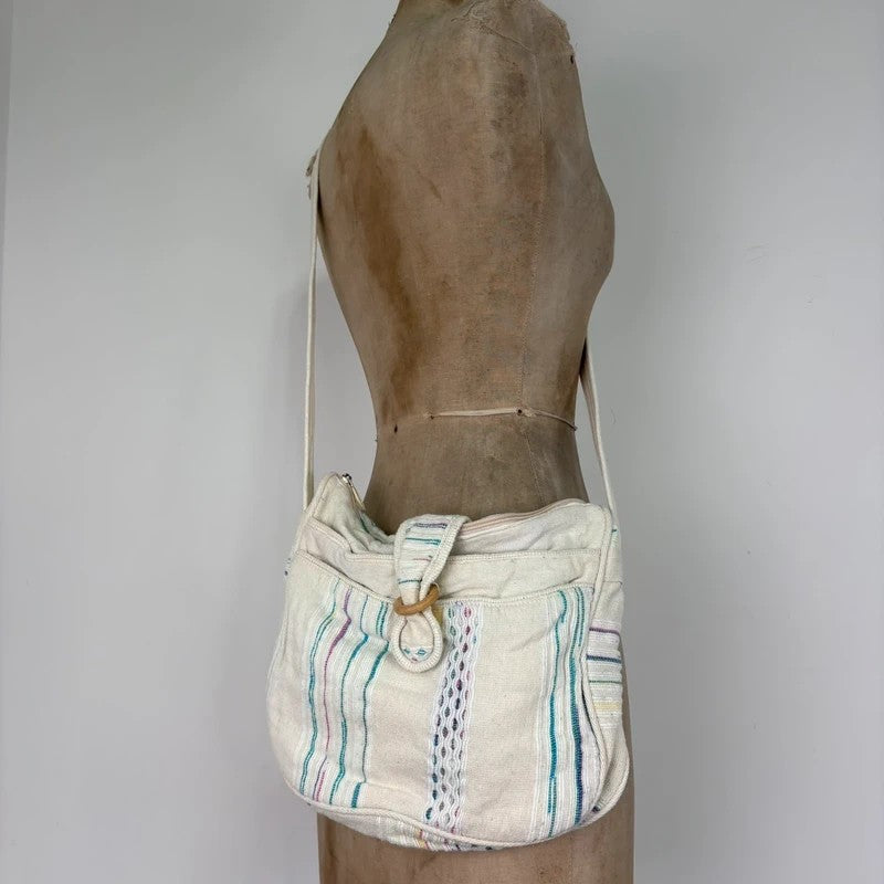 Woven cotton kantha cream crossbody bag