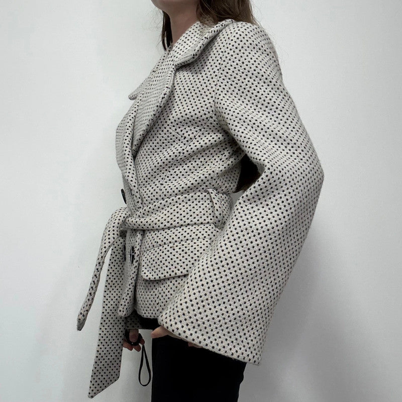 cream wool polkadot flared pea coat
