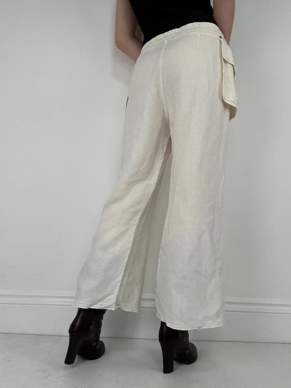 white linen flared utility button trousers