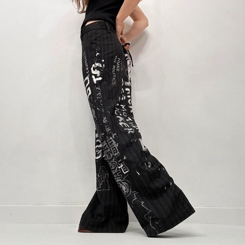 black pinstripe graphic text trousers