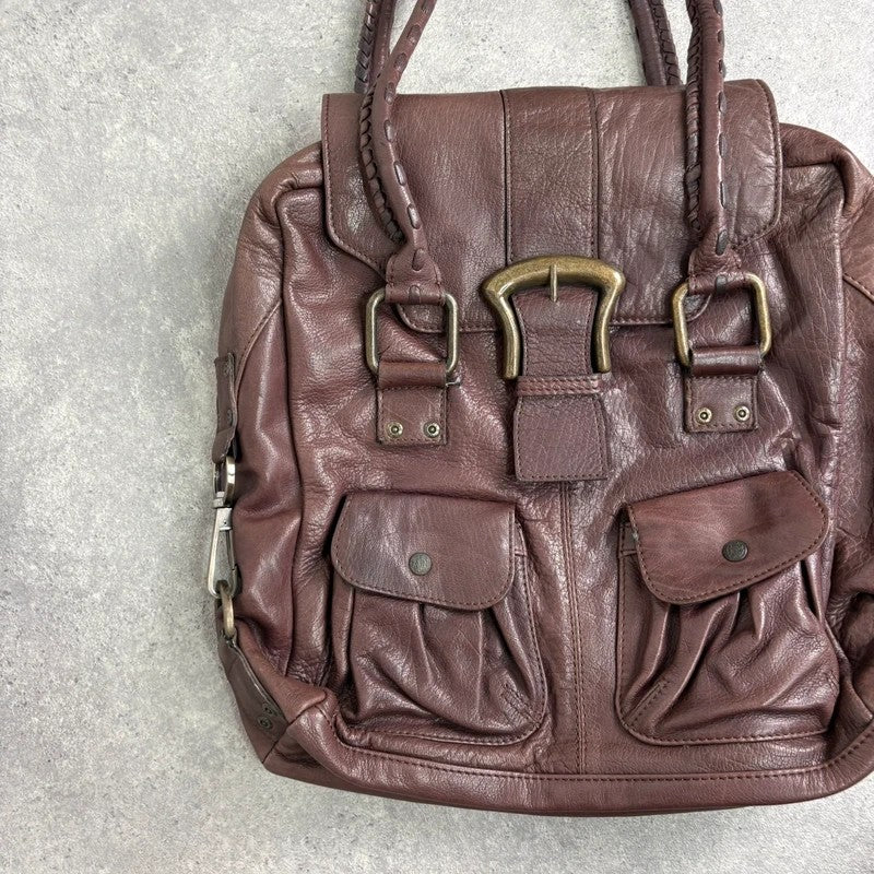 Brown buckle Y2K pocket slouchy tote bag