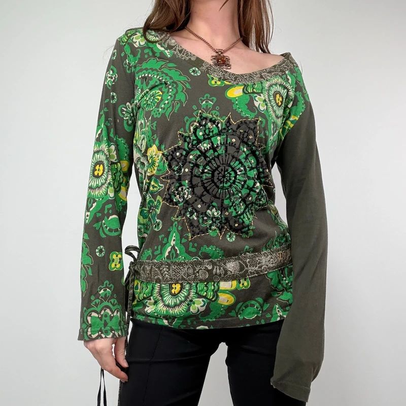 Khaki Paisley Boho Long Sleeve T-Shirt