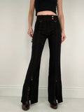 black pinstripe flared gothic d-ring utility trousers