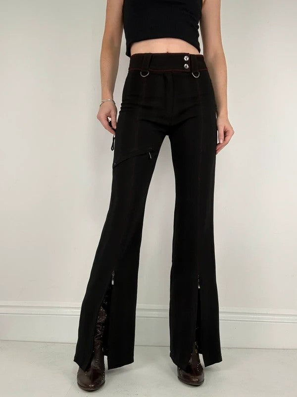black pinstripe flared gothic d-ring utility trousers