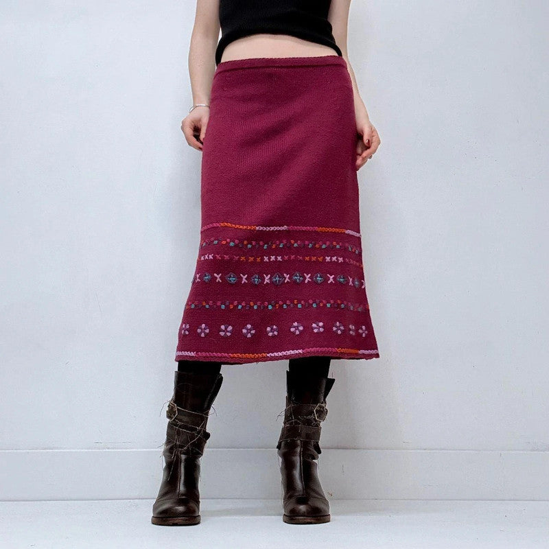 pink hippie knitted embroidered midi skirt